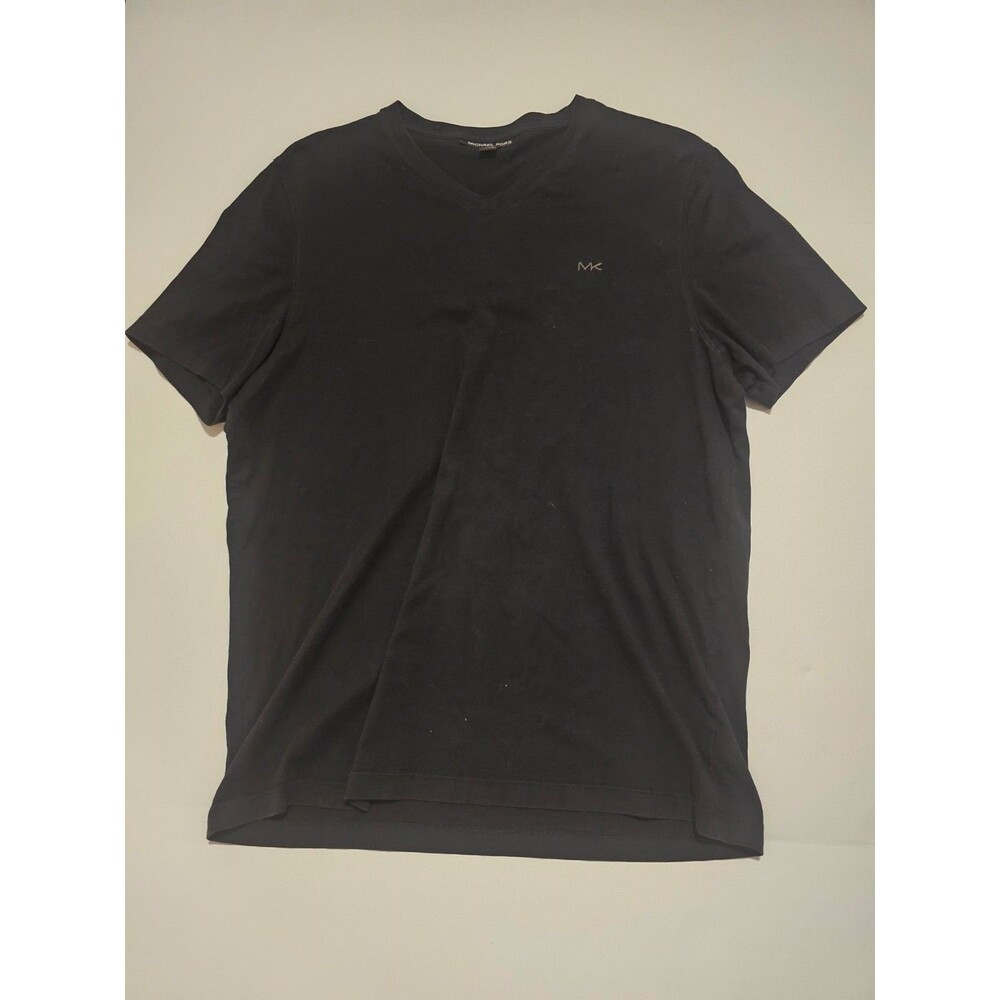 Michael Kors Mens L Black V-Neck T-Shirt Embroidered MK Logo Short Sleeve Cotton